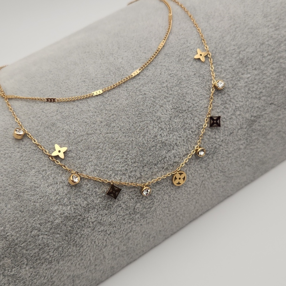 Layered Charm Necklace 18k Gold Plated Stainless Steel , Clover Design